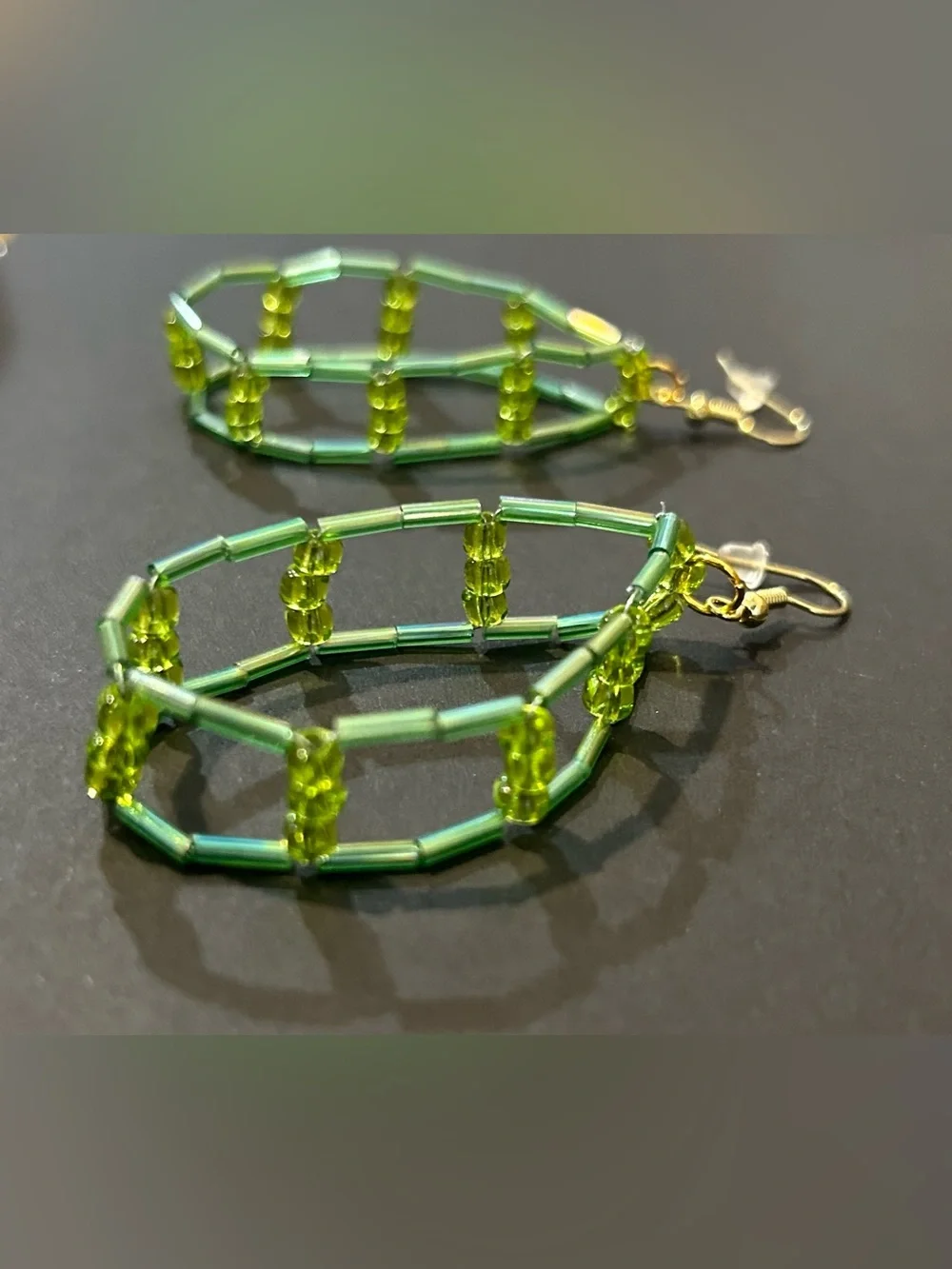 Handmade Green Beaded Earrings - Picture 2 of 5